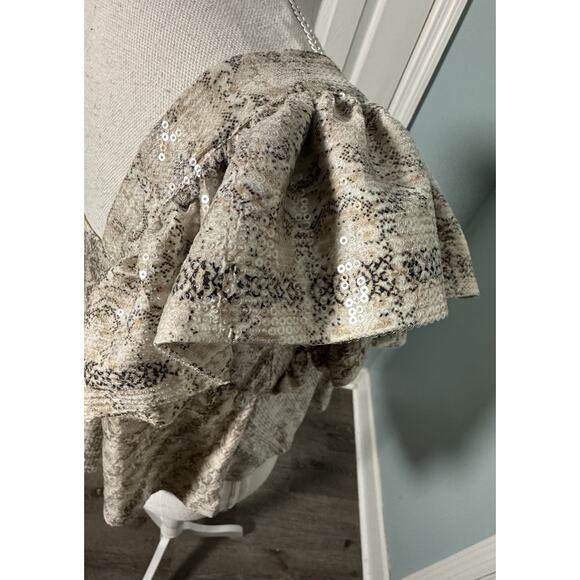 Endless Rose Tan Snake Print Sequin Ruffle Sleeve Cropped Top, XS - Picture 6 of 8